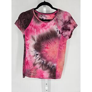 Yogo Athletica Womens Sz M Short Sleeve Athletic T Shirt Black Pink Tie Dye